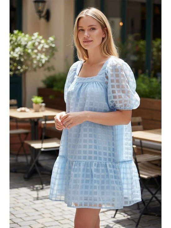 She + Sky Dresses & Skirts - She + Sky Light Blue Sheer Puff Sleeve Dress Size Med